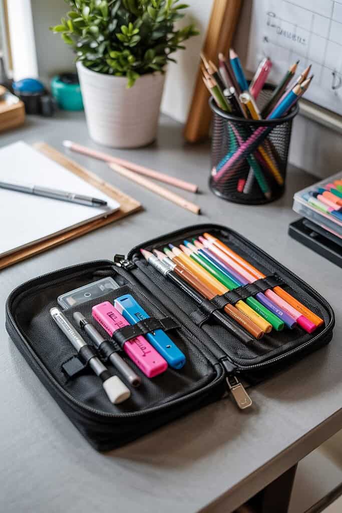 a pencil case with different colored pens and markers