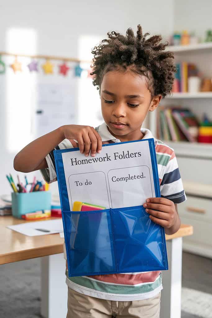 a child holding a folder