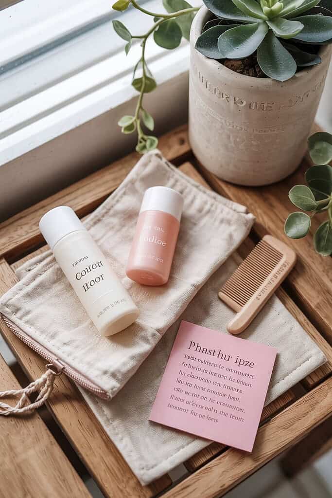 a group of small bottles and a comb on a wooden surface
