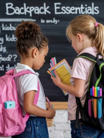 a group of girls with backpacks looking at each other