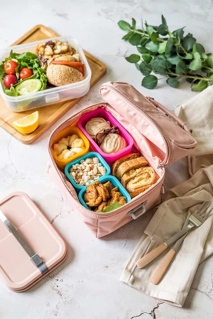 a lunch box with food in it