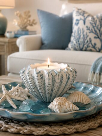 Coastal living room coffee table decorated with a blue seashell candle holder centerpiece, sea glass, and beach-inspired accents in a bright, cozy coastal home.