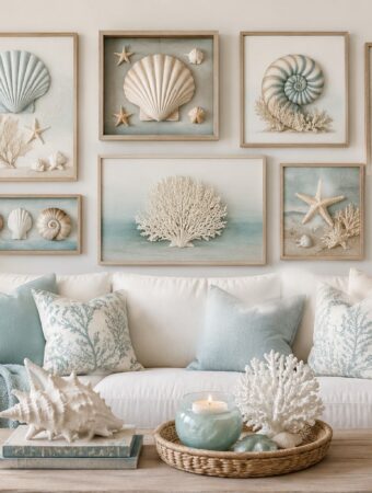 Coastal living room featuring a seashell wall art gallery wall above a white sofa with soft blue accents and beach-inspired decor.