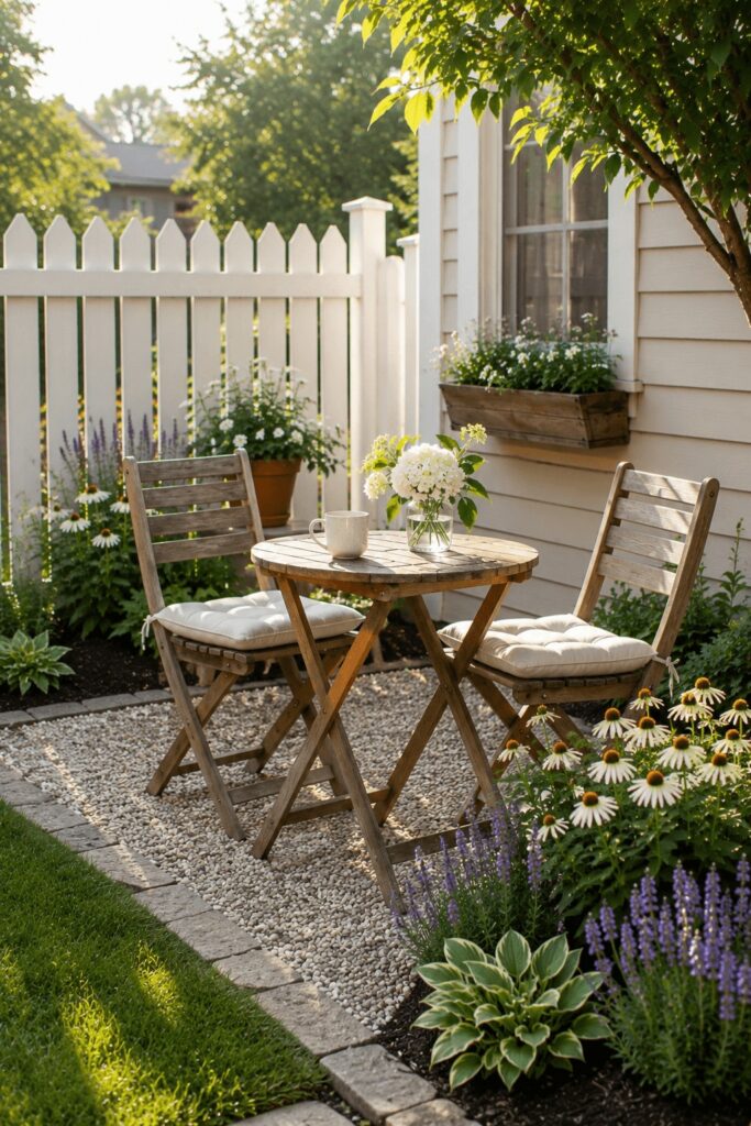 Small cottage garden idea with a bistro table and chairs tucked into a charming backyard flower garden.
