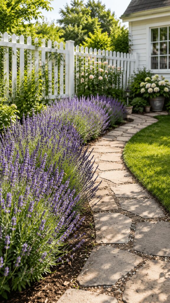 Small cottage garden idea with lavender-lined stone walkway beside a charming white picket fence.