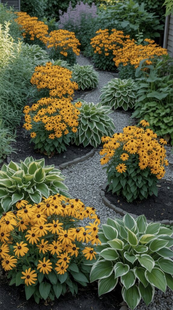 Small cottage garden idea showing repeated black-eyed Susans and hostas arranged in tidy flower beds.