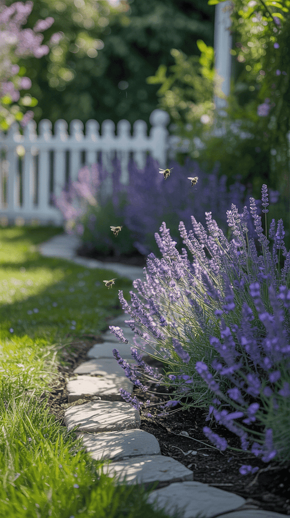 Lavender garden with bees, white picket fence, and stone pathway in sunlight.