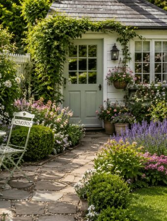Small cottage garden idea featuring a cozy garden shed surrounded by flowers, lavender, and cottage-style landscaping.