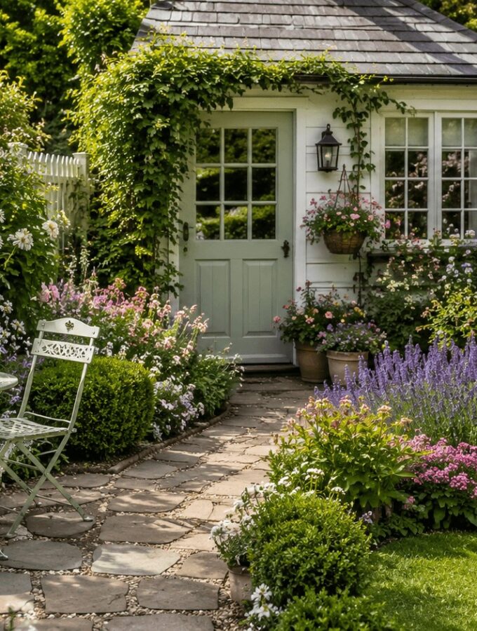 Small cottage garden idea featuring a cozy garden shed surrounded by flowers, lavender, and cottage-style landscaping.
