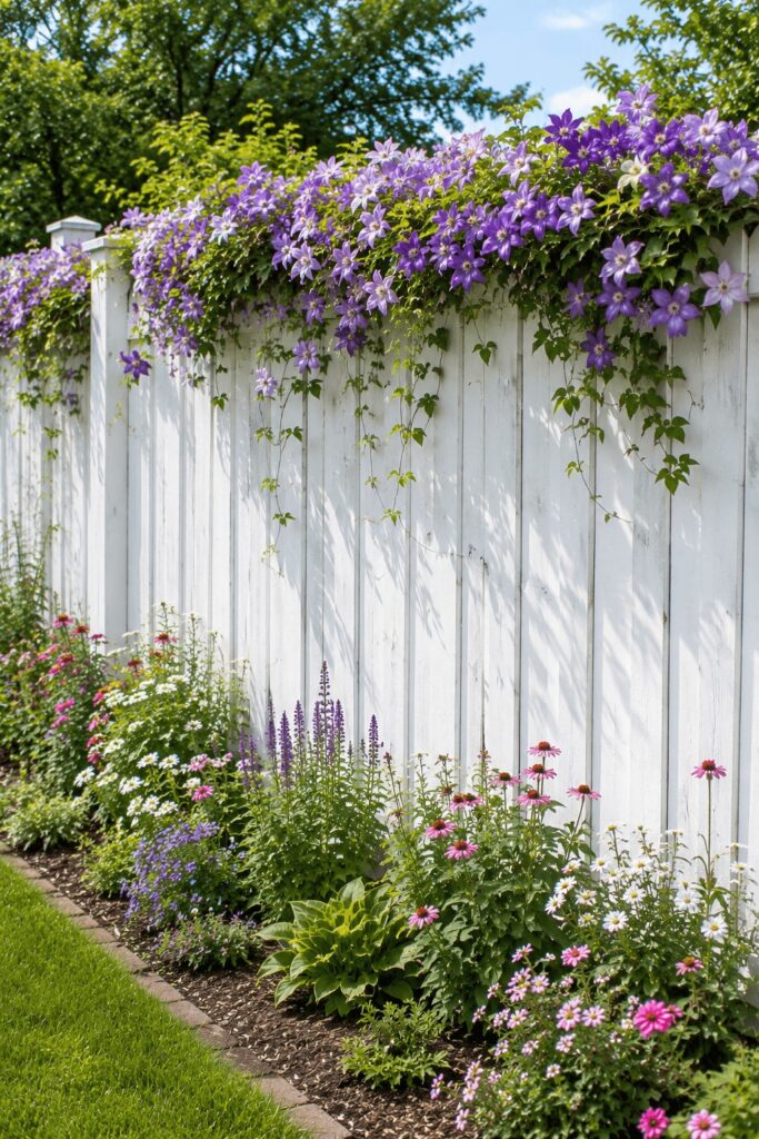 Small cottage garden idea showcasing clematis vines climbing over a white fence surrounded by colorful blooms.