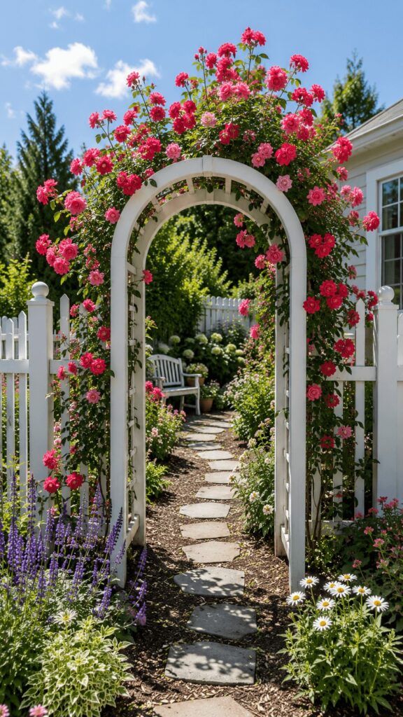 Small cottage garden idea featuring a white arbor covered in bright pink climbing roses with a charming garden path leading beyond the archway.