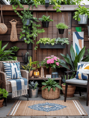 Charming small patio garden with a cozy and inviting vibe. Features include a variety of potted plants, hanging greenery, and vibrant flowers. The space is styled with wicker chairs, patterned cushions, and decorative accents like lanterns and woven baskets. A wooden backdrop adorned with mounted planters enhances the vertical space, making it perfect for relaxation and enjoying nature in a compact setting.