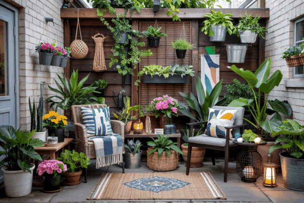 Charming small patio garden with a cozy and inviting vibe. Features include a variety of potted plants, hanging greenery, and vibrant flowers. The space is styled with wicker chairs, patterned cushions, and decorative accents like lanterns and woven baskets. A wooden backdrop adorned with mounted planters enhances the vertical space, making it perfect for relaxation and enjoying nature in a compact setting.