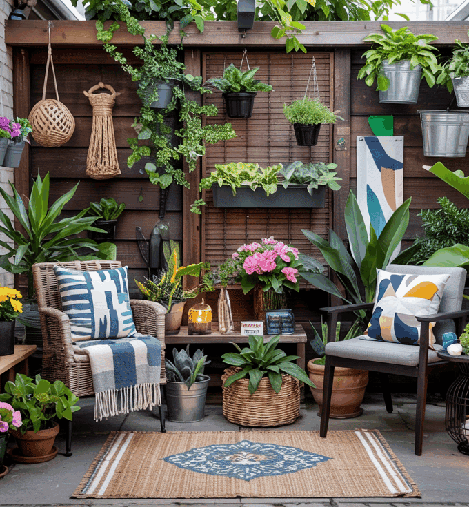 Charming small patio garden with a cozy and inviting vibe. Features include a variety of potted plants, hanging greenery, and vibrant flowers. The space is styled with wicker chairs, patterned cushions, and decorative accents like lanterns and woven baskets. A wooden backdrop adorned with mounted planters enhances the vertical space, making it perfect for relaxation and enjoying nature in a compact setting.