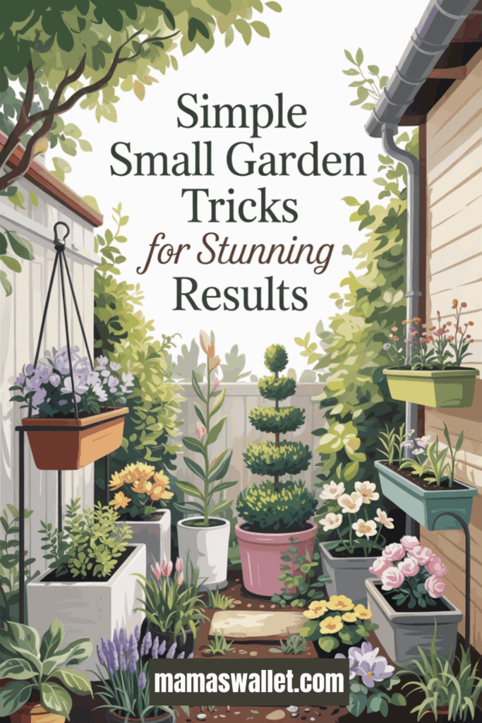 10 Stunning Plant Decorating Ideas For Your Small Patio Garden 4 Illustration of a small garden with a variety of plants in pots and planters. Features include topiary, colorful flowers, and lush greenery creating a vibrant and inviting space. The text reads 'Simple Small Garden Tricks for Stunning Results,' with mamaswallet.com displayed at the bottom.