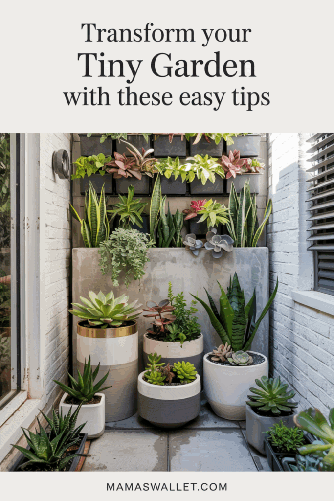 10 Stunning Plant Decorating Ideas For Your Small Patio Garden 2 Modern and stylish tiny garden arrangement featuring a mix of succulents and greenery in sleek, multi-tiered pots. The vertical garden adds depth with hanging plants and vibrant foliage. Neutral and metallic tones in the planters create a chic aesthetic. The text reads 'Transform your Tiny Garden with these easy tips,' with mamaswallet.com displayed at the bottom.