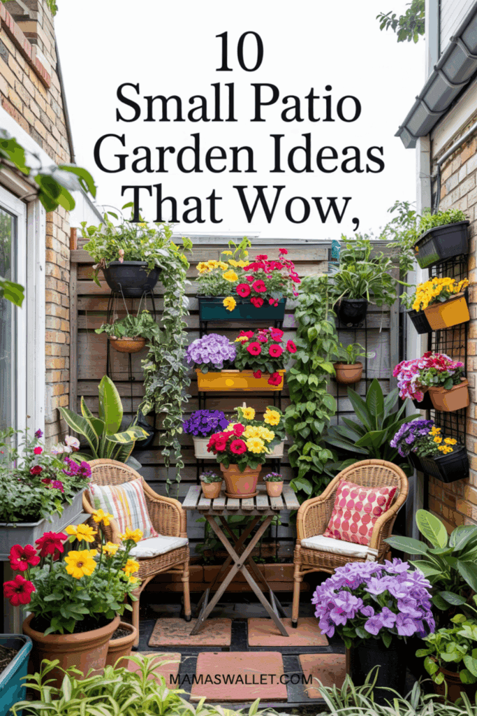 10 Stunning Plant Decorating Ideas For Your Small Patio Garden 5 Beautiful small patio garden featuring vibrant flowers and greenery arranged creatively. Highlights include hanging baskets, colorful potted plants, and a cozy seating area with wicker chairs and patterned cushions. A wooden table adds functionality, while the vertical garden maximizes space. The text reads '10 Small Patio Garden Ideas That Wow,' with mamaswallet.com displayed at the bottom.