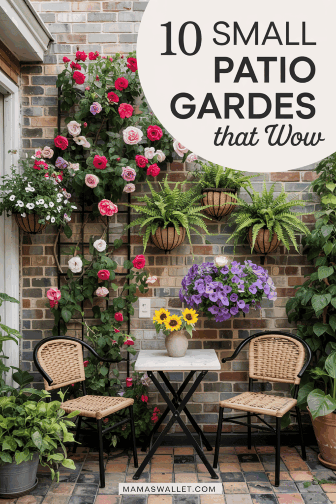 10 Stunning Plant Decorating Ideas For Your Small Patio Garden 3 Charming small patio garden with a focus on vertical greenery and vibrant blooms. Features include climbing roses, hanging ferns, and a mix of colorful flowers. A cozy seating area with wicker chairs and a small table adorned with sunflowers creates an inviting atmosphere. The text reads '10 Small Patio Gardens that Wow,' with mamaswallet.com displayed at the bottom.