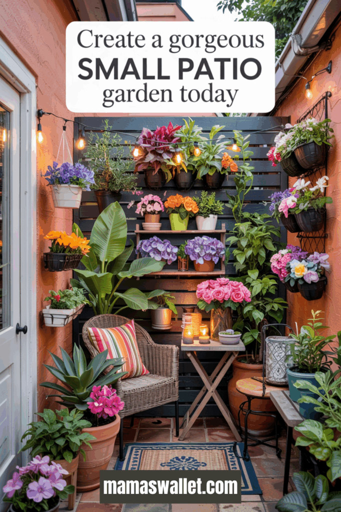 10 Stunning Plant Decorating Ideas For Your Small Patio Garden 1 Charming small patio garden with a focus on vertical greenery and vibrant blooms. Features include climbing roses, hanging ferns, and a mix of colorful flowers. A cozy seating area with wicker chairs and a small table adorned with sunflowers creates an inviting atmosphere. The text reads 'Create a gorgeous SMALL PATIO garden today,' with mamaswallet.com displayed at the bottom.
