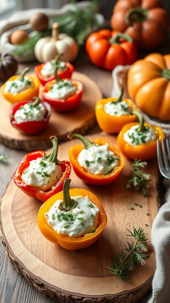 Colorful stuffed mini peppers arranged on a platter.