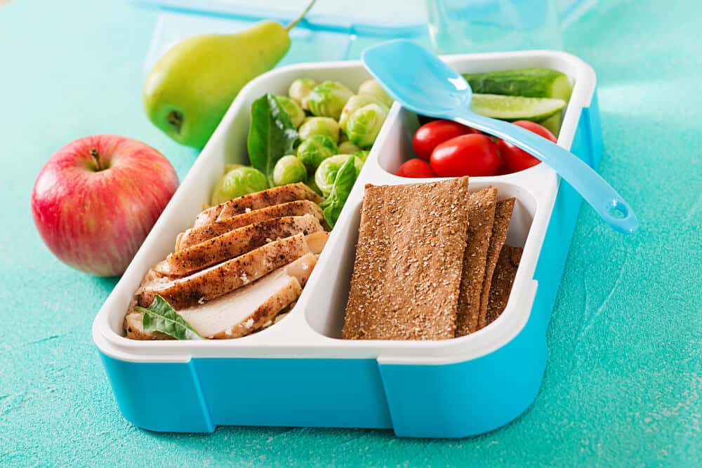 toddler lunch box with lean meat, veggies, and fruit.