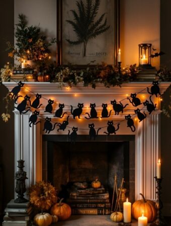 Dark fall fireplace decorated with pumpkins, candles, and Halloween cats garland.