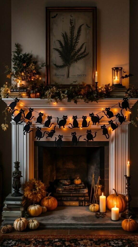Dark fall fireplace decorated with pumpkins, candles, and Halloween cats garland.